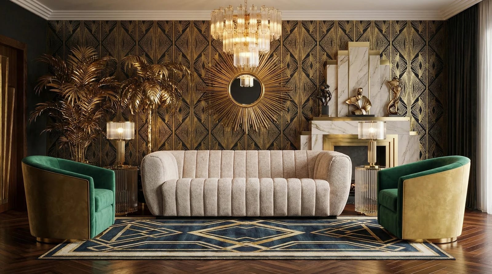 The same cream sofa in an AI-generated art deco interior