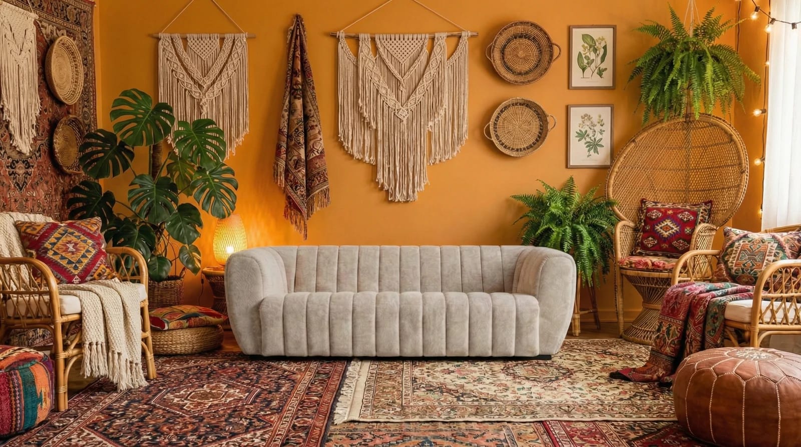 The same cream sofa in an AI-generated bohemian interior