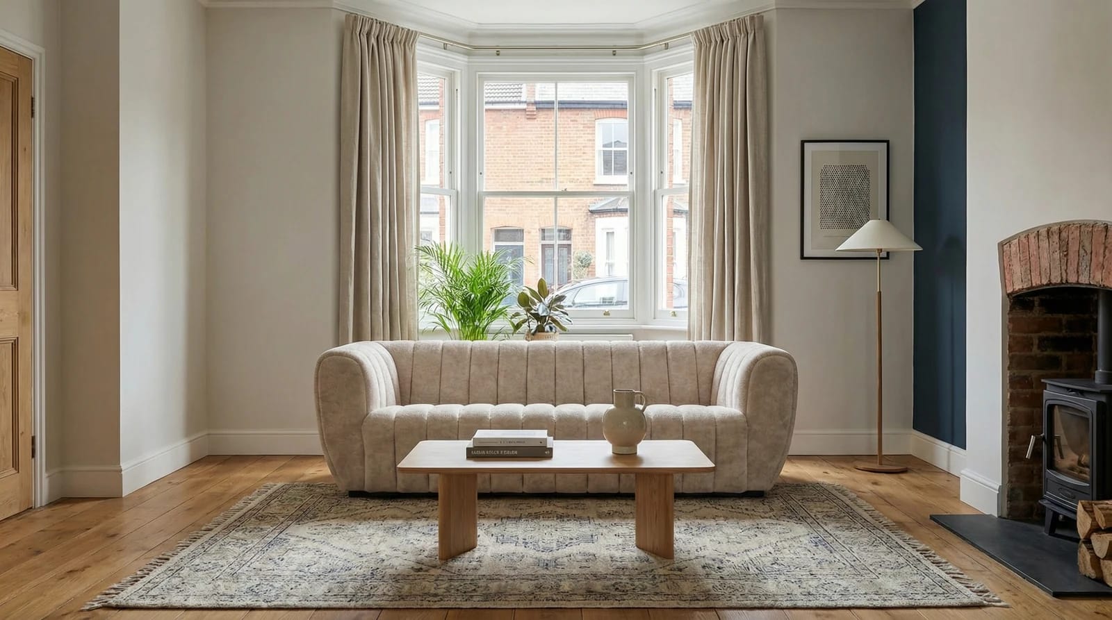 The same cream sofa in an AI-generated british interior