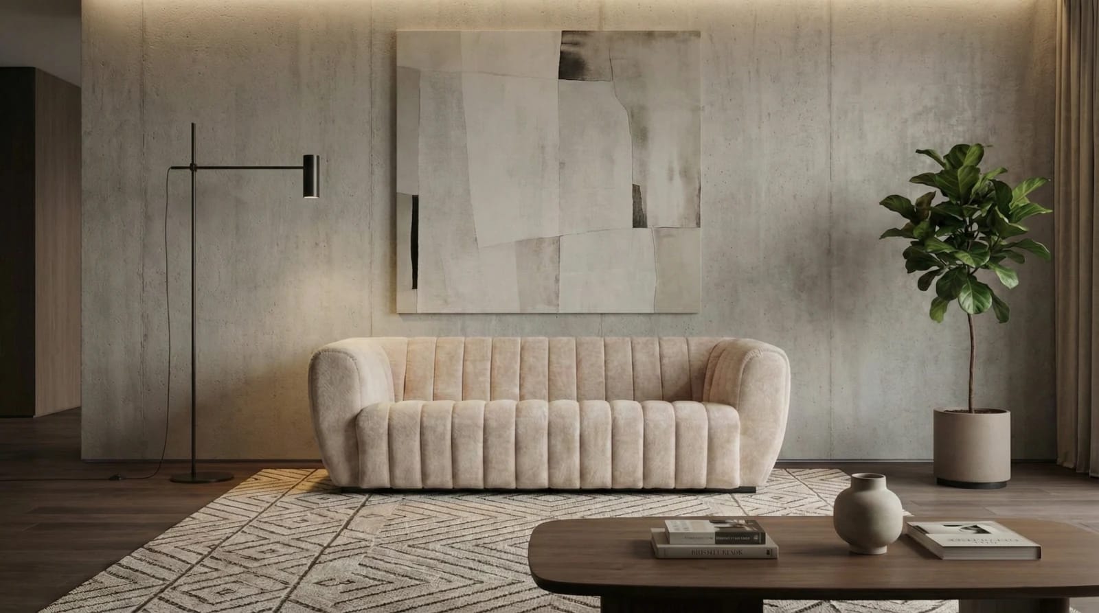The same cream sofa in an AI-generated contemporary interior