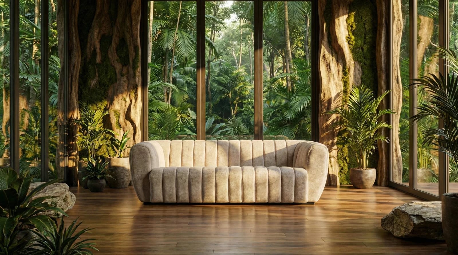 The same cream sofa in an AI-generated forest interior