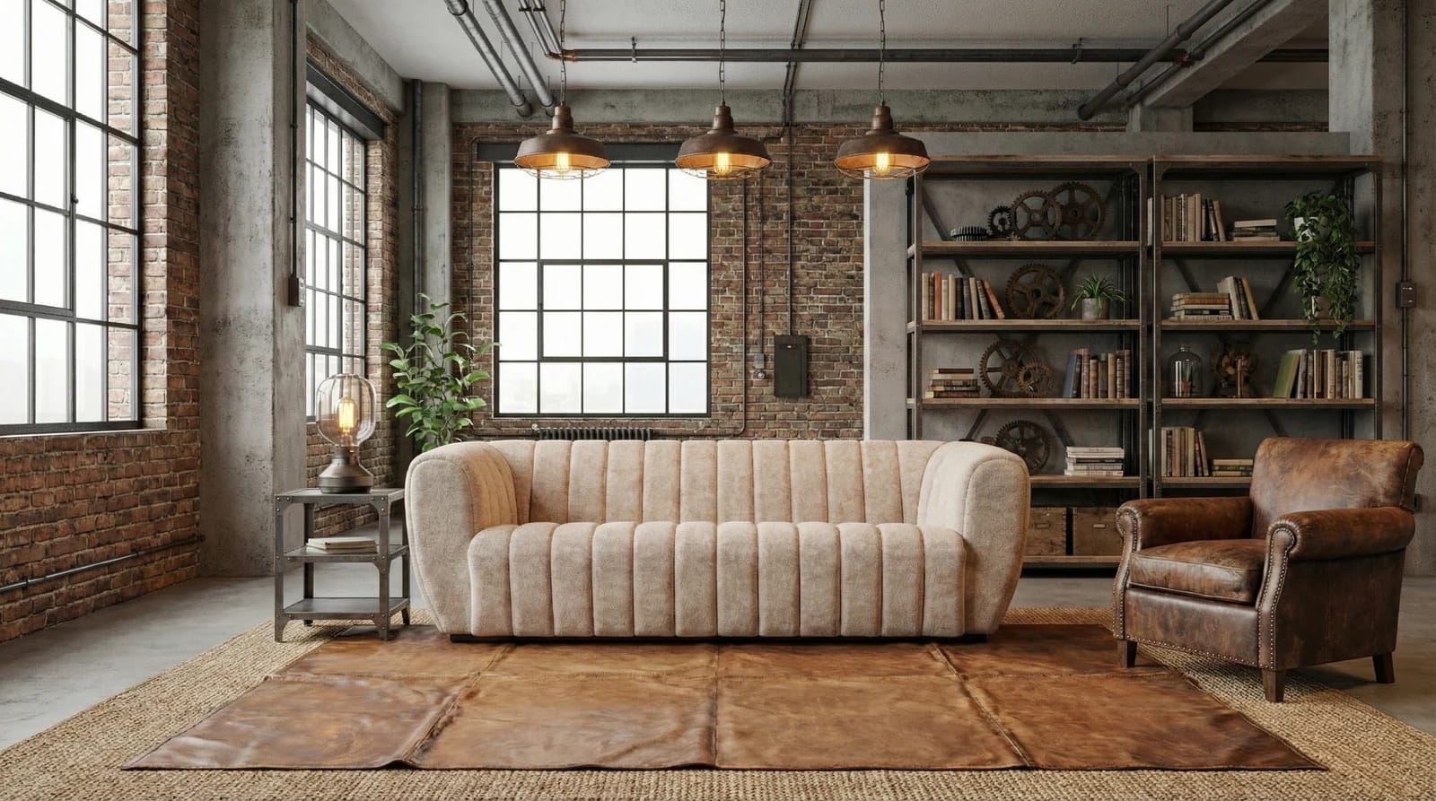 The same cream sofa in an AI-generated industrial interior