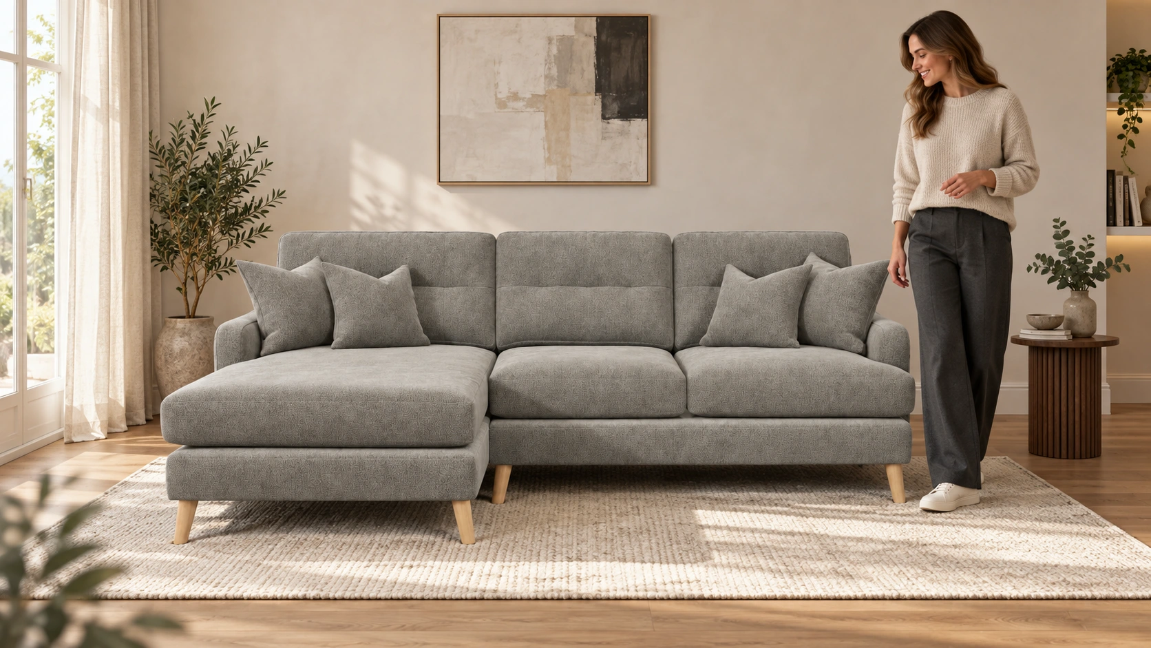 The Rowen sofa in Peru Nickel with Natural legs in a living room