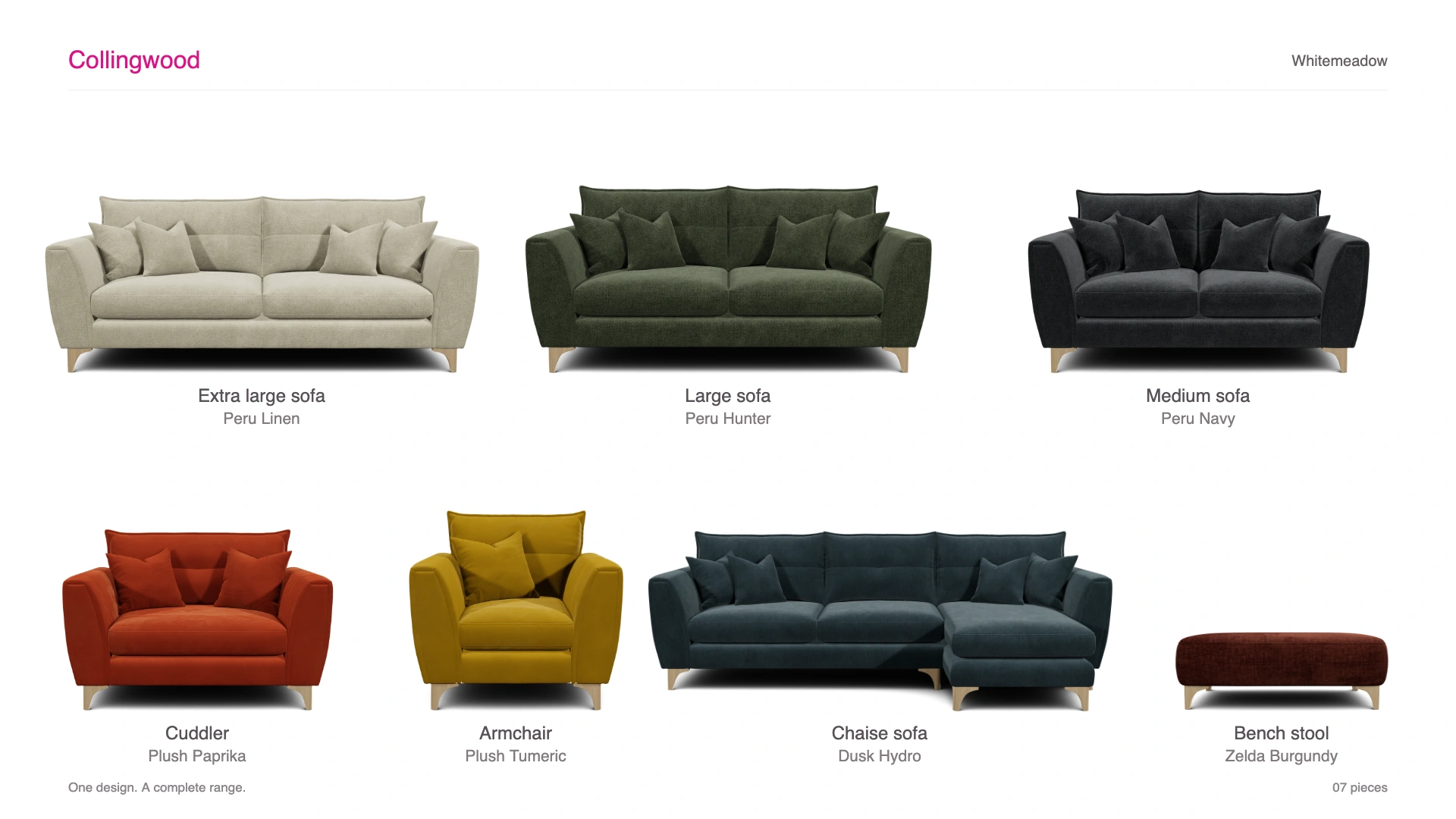 Zoom out to seven Collingwood pieces in Hunter, Linen, Navy, Paprika, Tumeric, Hydro and Burgundy fabrics