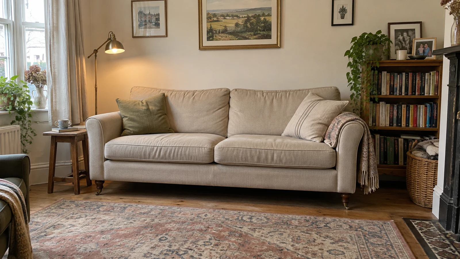 A lived-in living room with a beige sofa to replace