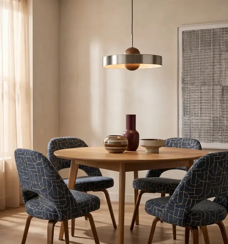 A dining room styled in one of the studio's room scenes: a round oak table and four patterned chairs under a brushed-steel pendant.