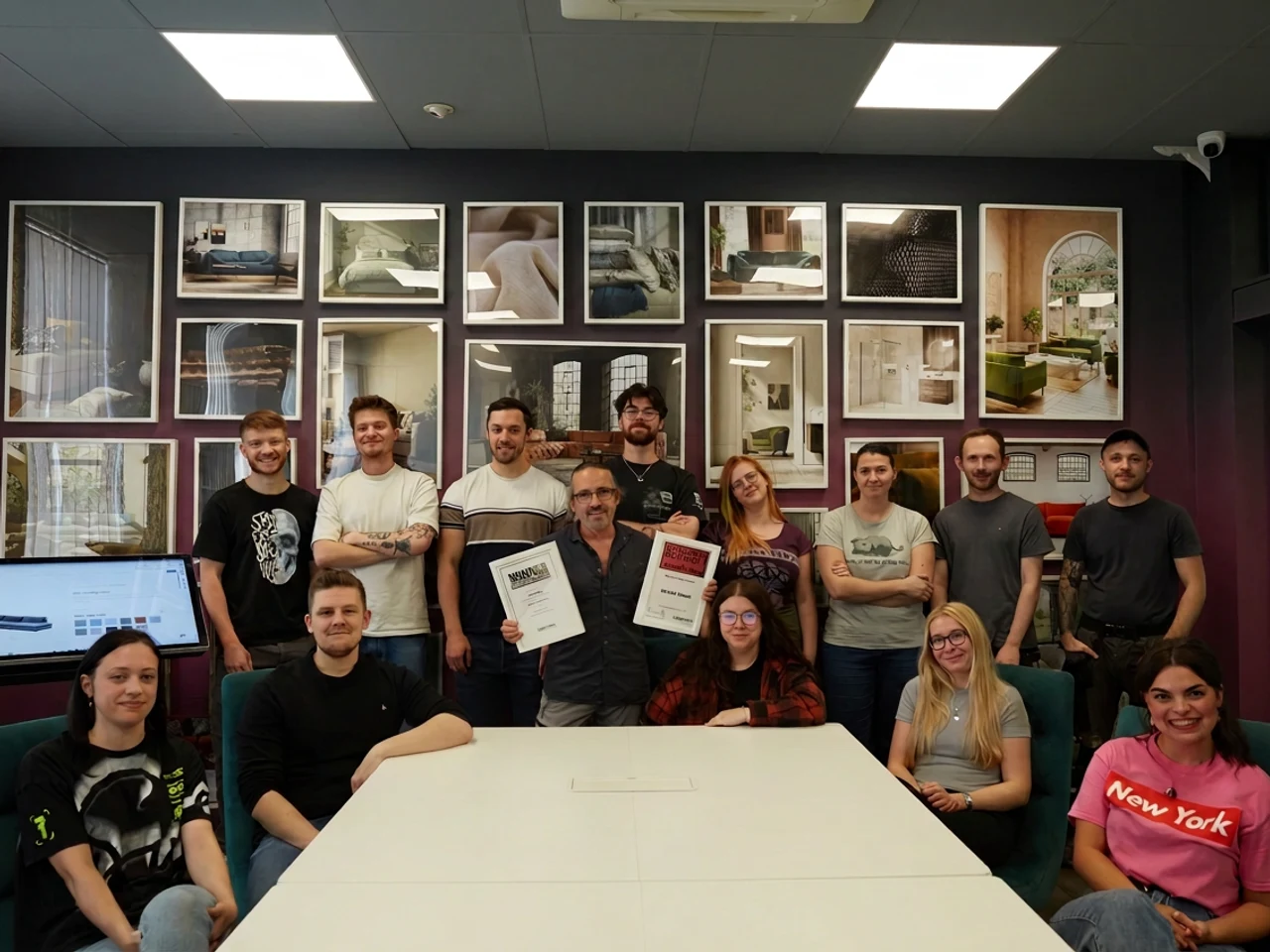 The Orbital Vision team together in the studio, in front of a wall of their own furniture and interior renders