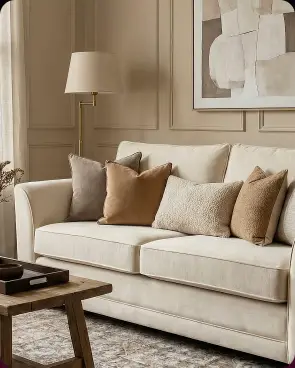 A cream sofa dressed with cushions