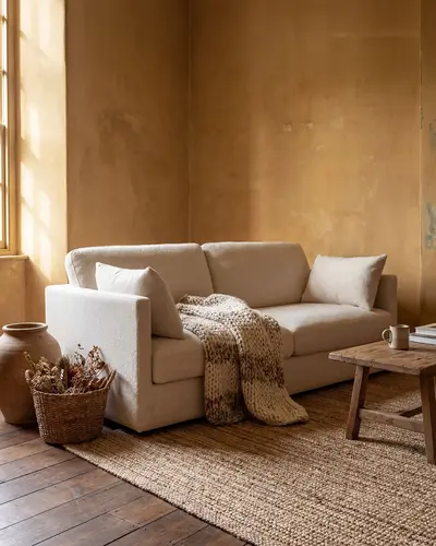 A cream sofa in a plaster-walled room