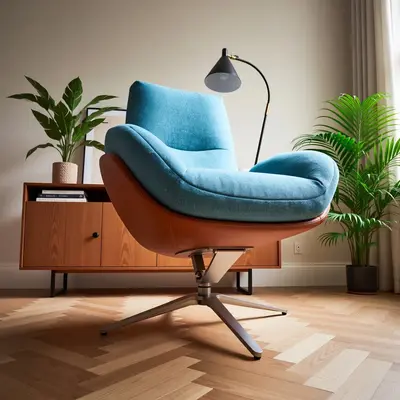 A blue lounge chair in a warm interior