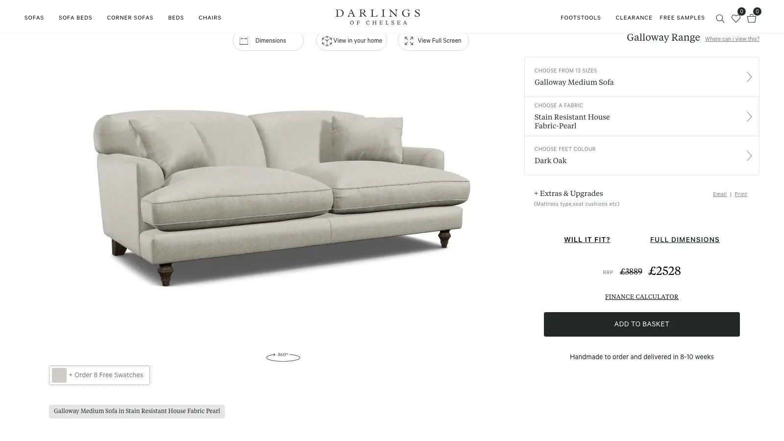 The Galloway Medium Sofa on the Darlings website with the OV25 configurator and its size, fabric and foot colour choices