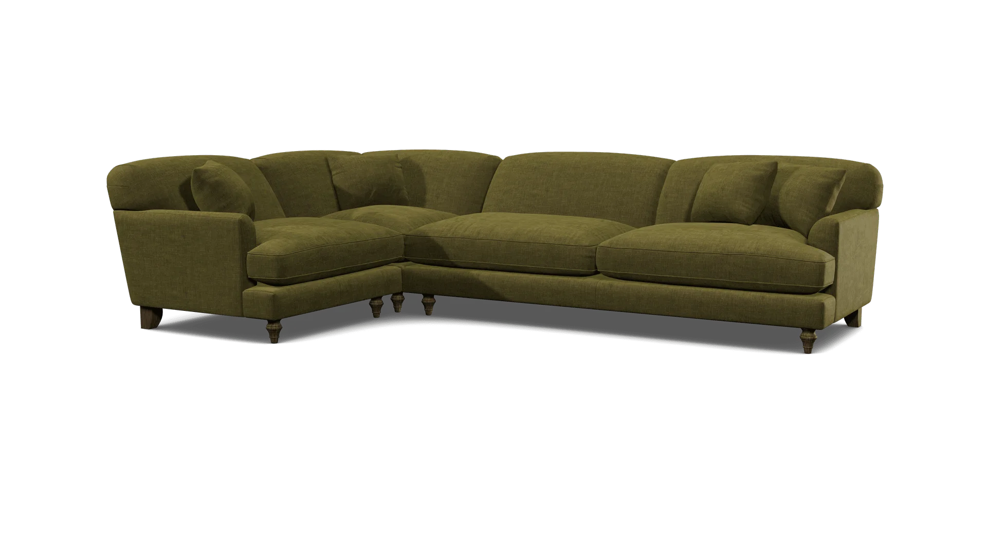 An OV25 cut-out render of a Darlings corner sofa in an olive green wool