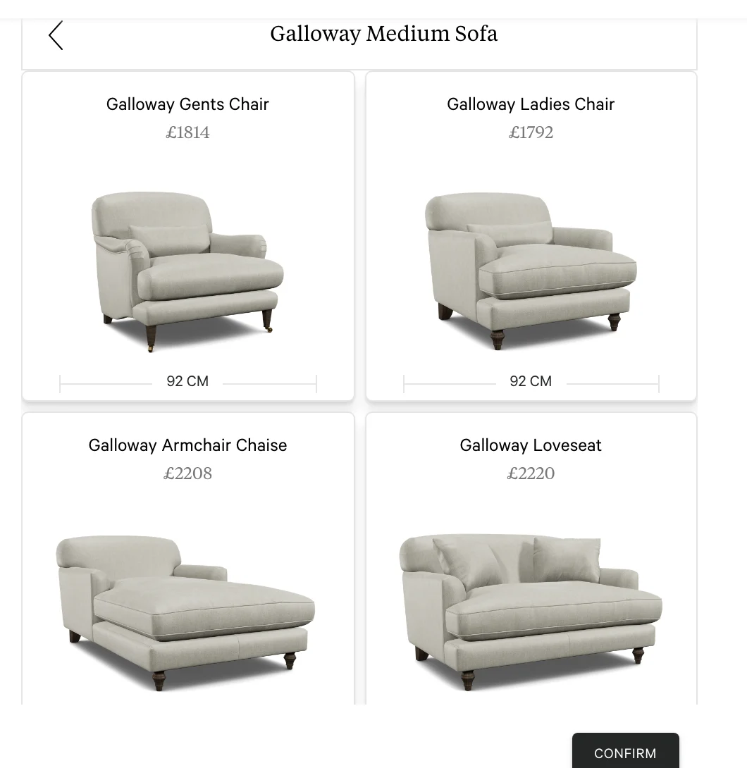 The size chooser open, showing the Galloway range as rendered cut-outs with prices and widths