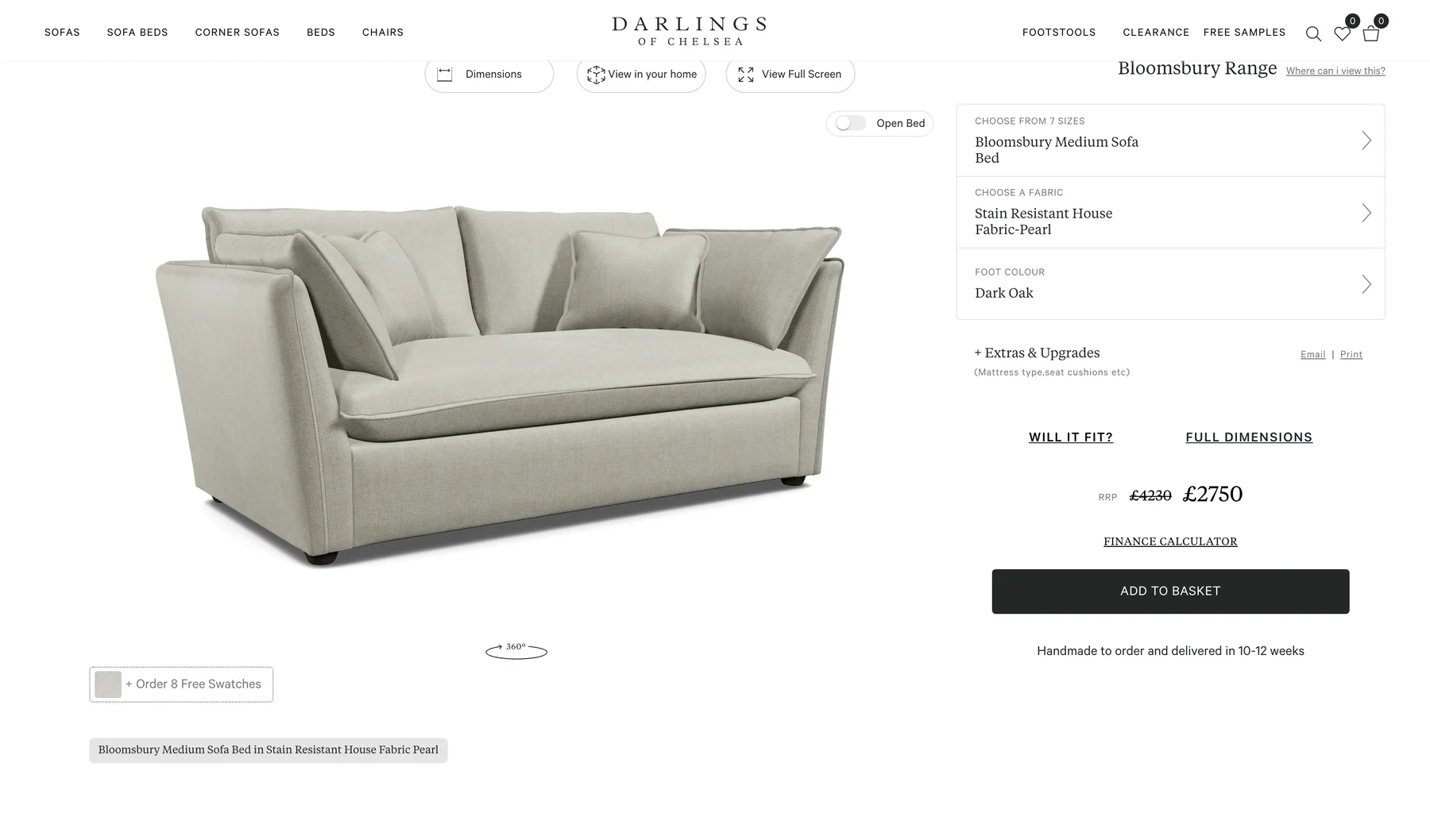 The Bloomsbury Medium Sofa Bed in the configurator, with the Open Bed control above it