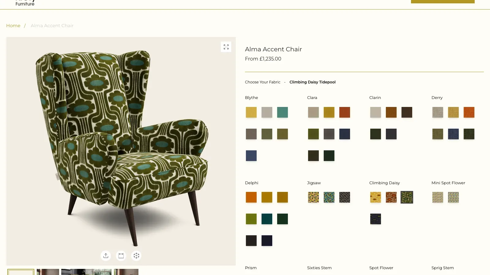 The Alma Accent Chair page showing the chair in Climbing Daisy Tidepool beside a grid of plain and printed fabrics