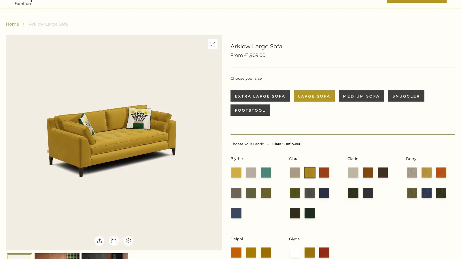 The Arklow Large Sofa product page with the OV25 configurator in place of the gallery and the full fabric menu beside it