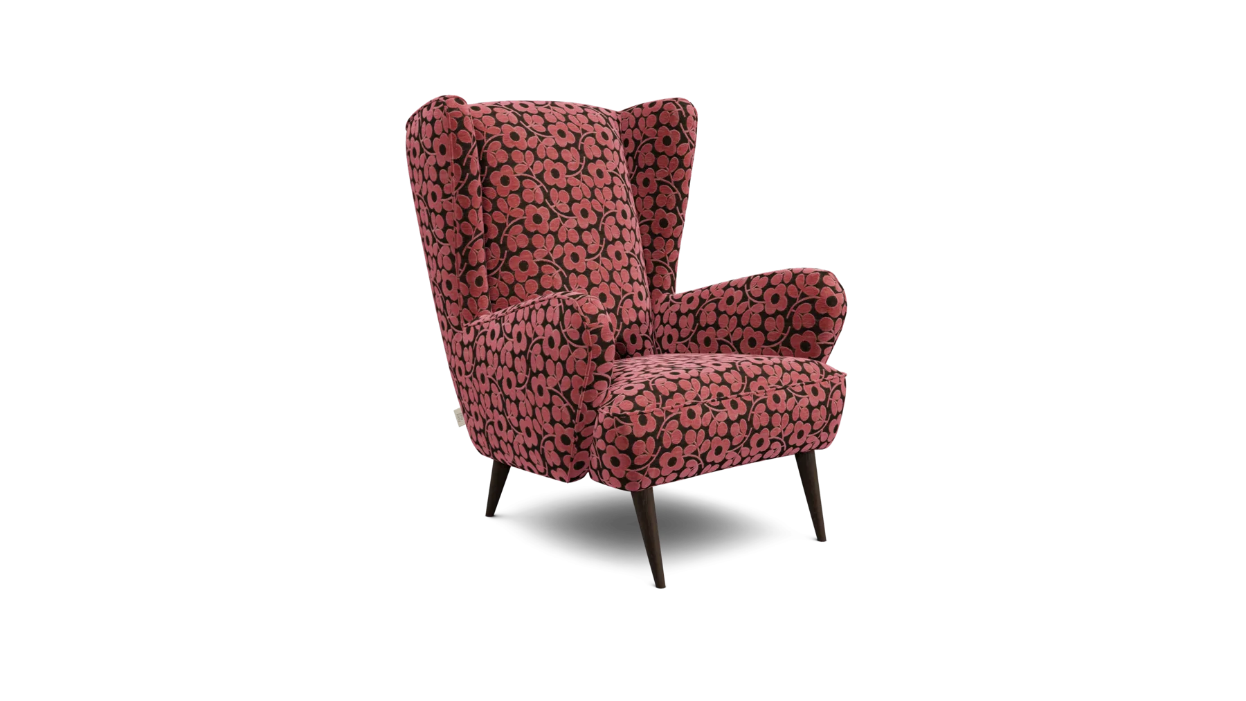 An Orla Kiely Alma accent chair in Sprig Stem Blush with walnut legs, rendered in OV25