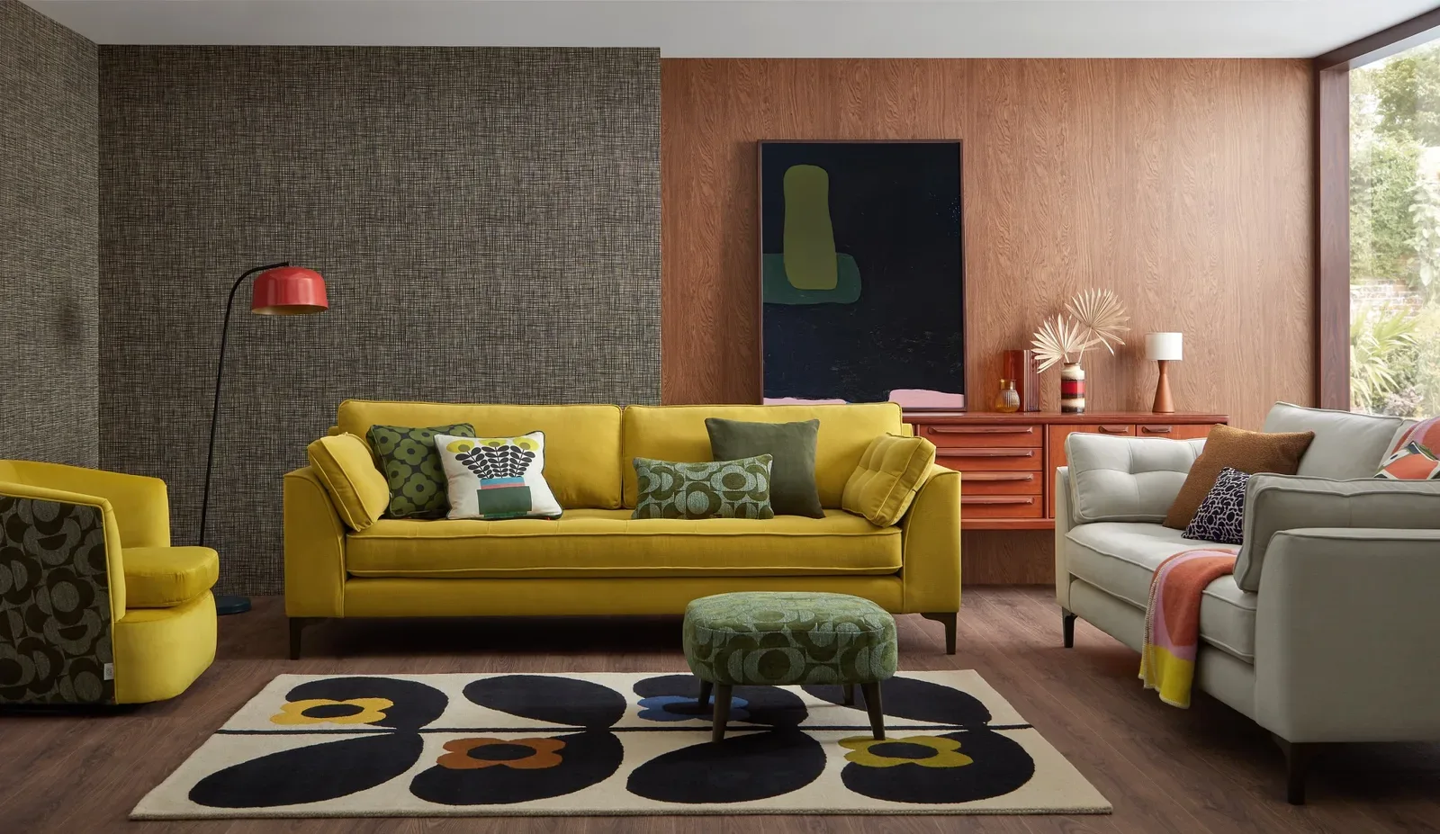 An Arklow sofa and chair styled in a patterned Orla Kiely room set