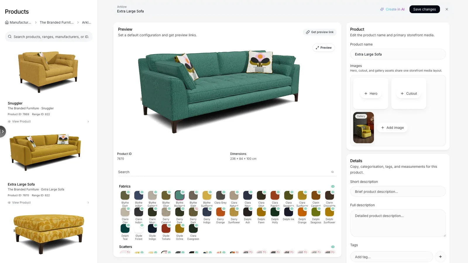 The Arklow Extra Large Sofa open in the OV25 platform with its fabric swatch grid