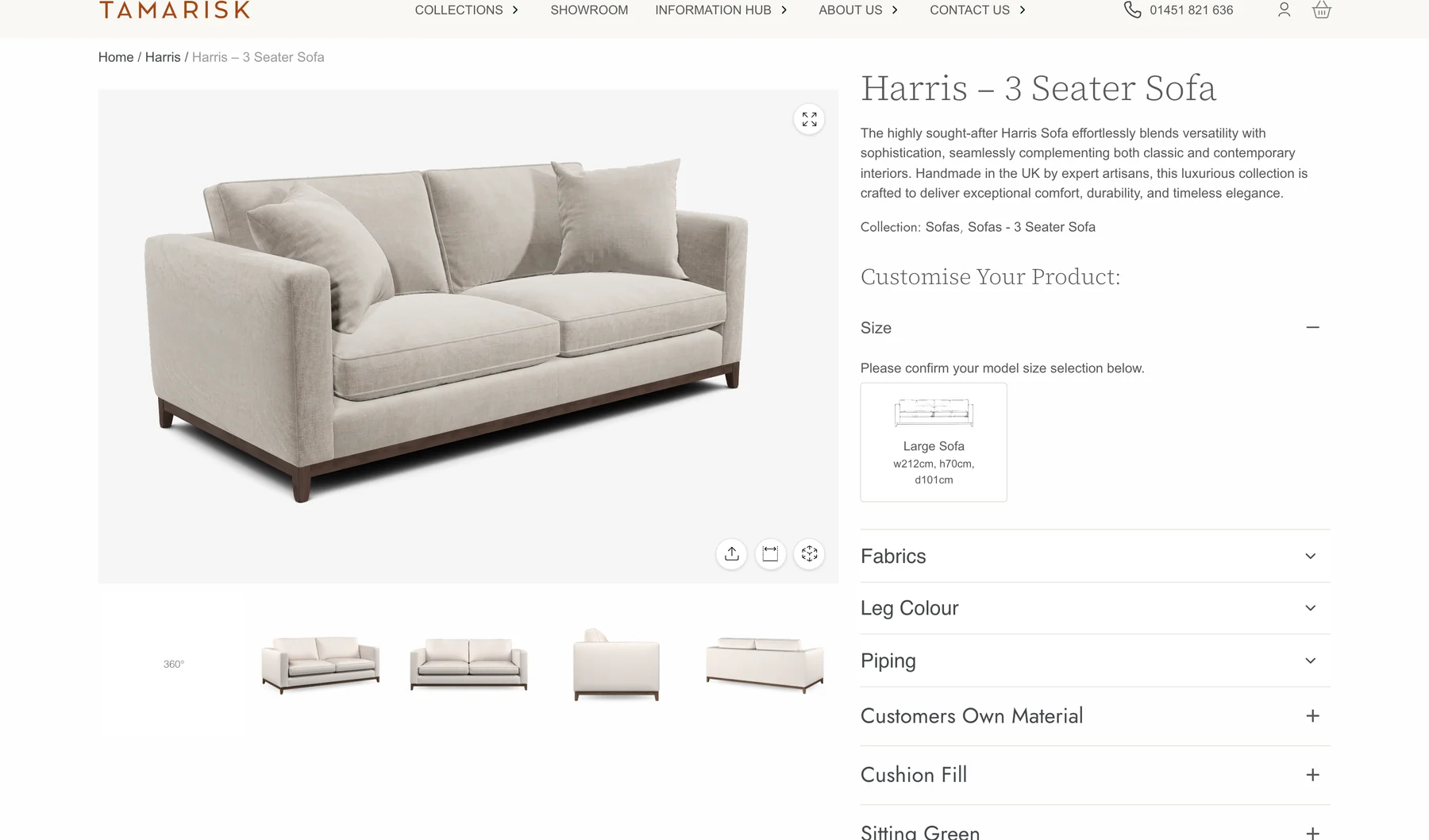 The Harris 3 Seater Sofa on the Tamarisk website, shown in 3D with size, fabric, leg colour and piping options