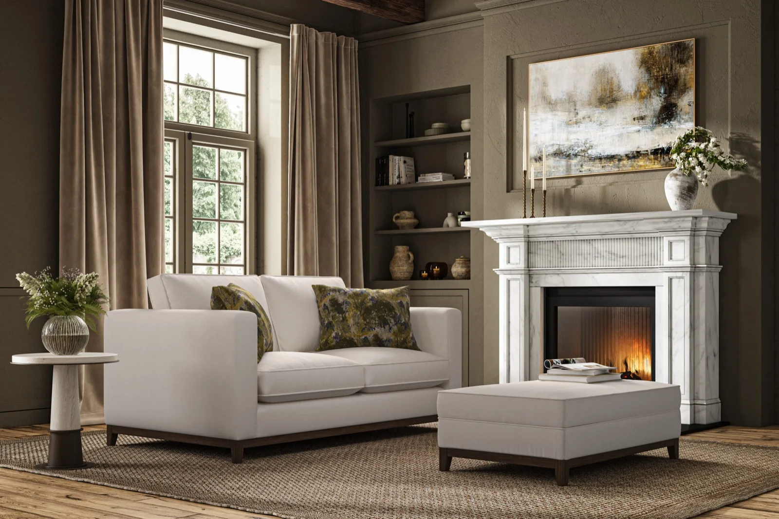 A cream Tamarisk sofa beside a marble fireplace