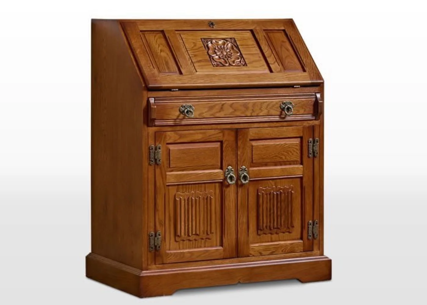 A carved Old Charm oak bureau