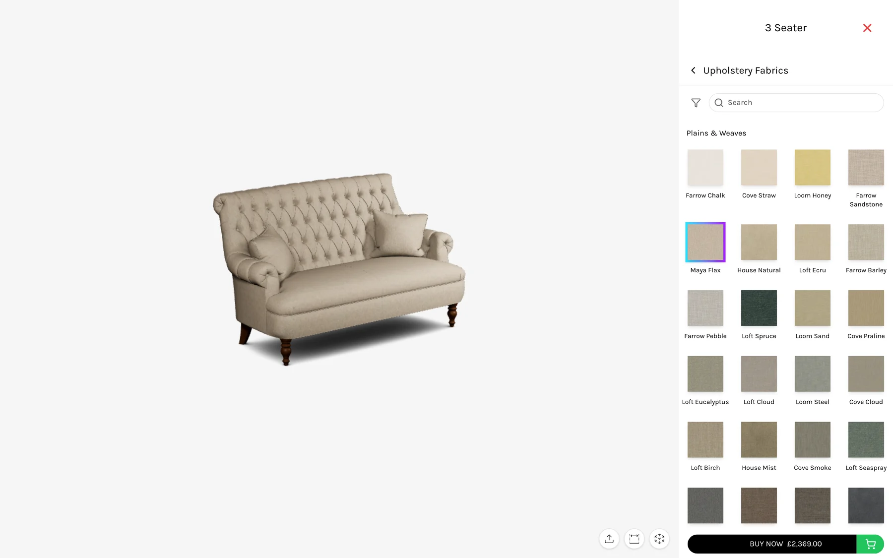 The Pickering sofa open in the OV25 configurator with the upholstery fabric library beside it