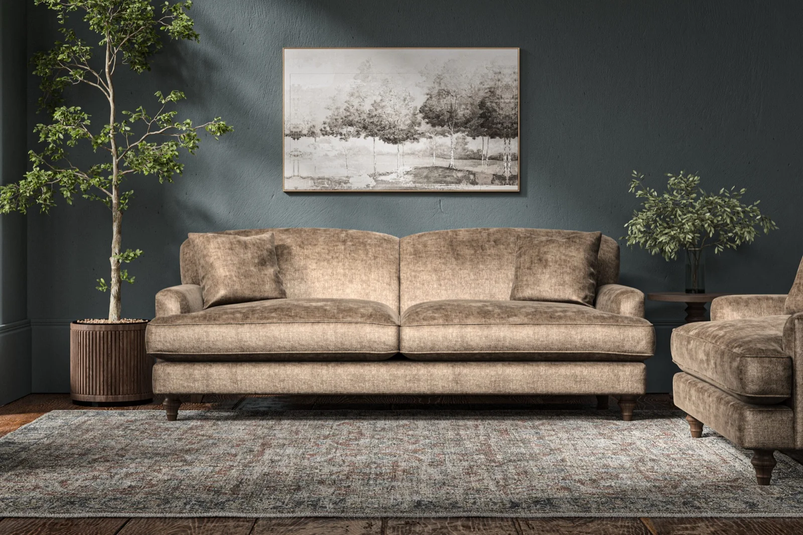 A gold velvet Tamarisk sofa in a dark panelled room