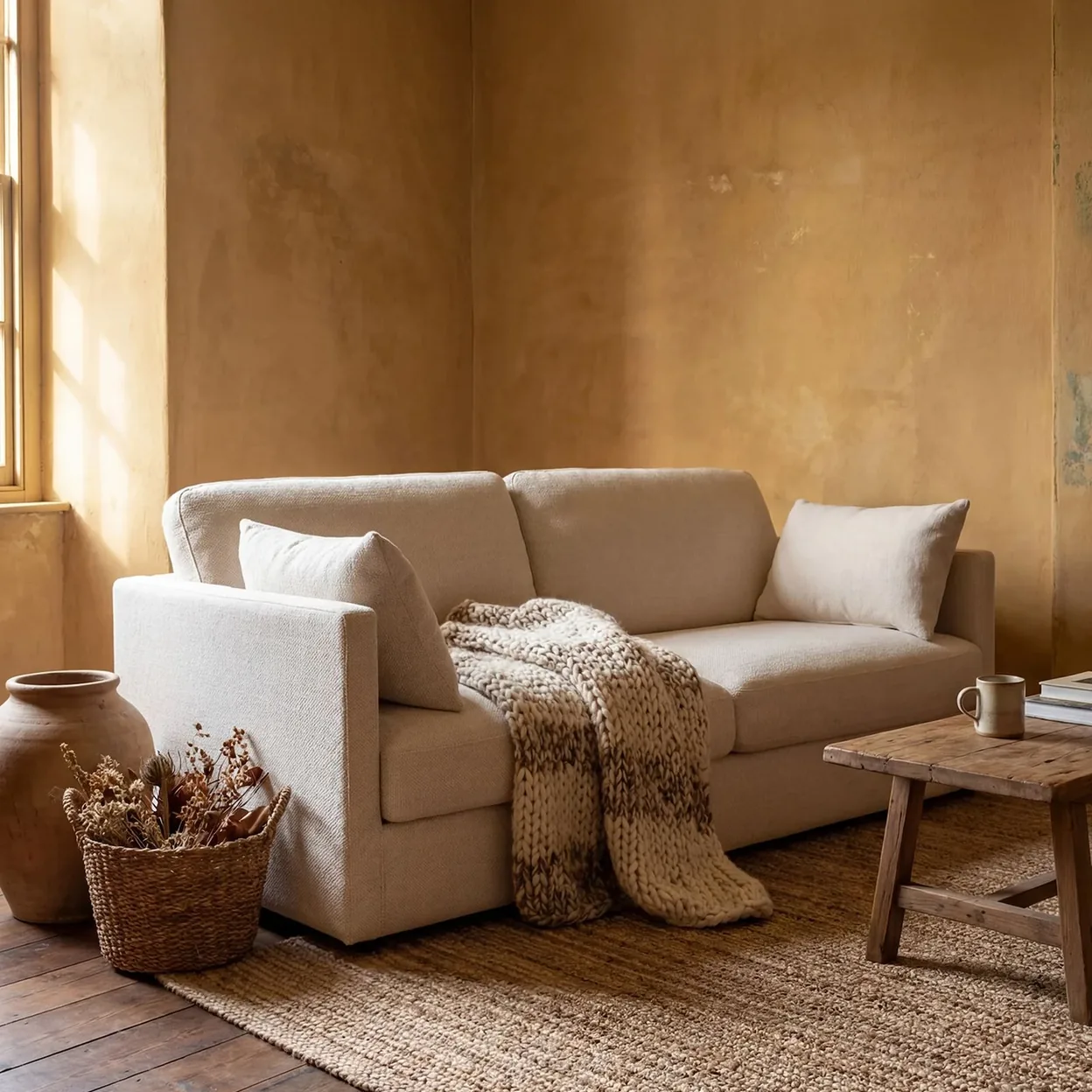 A cream sofa in a warm plaster-walled room